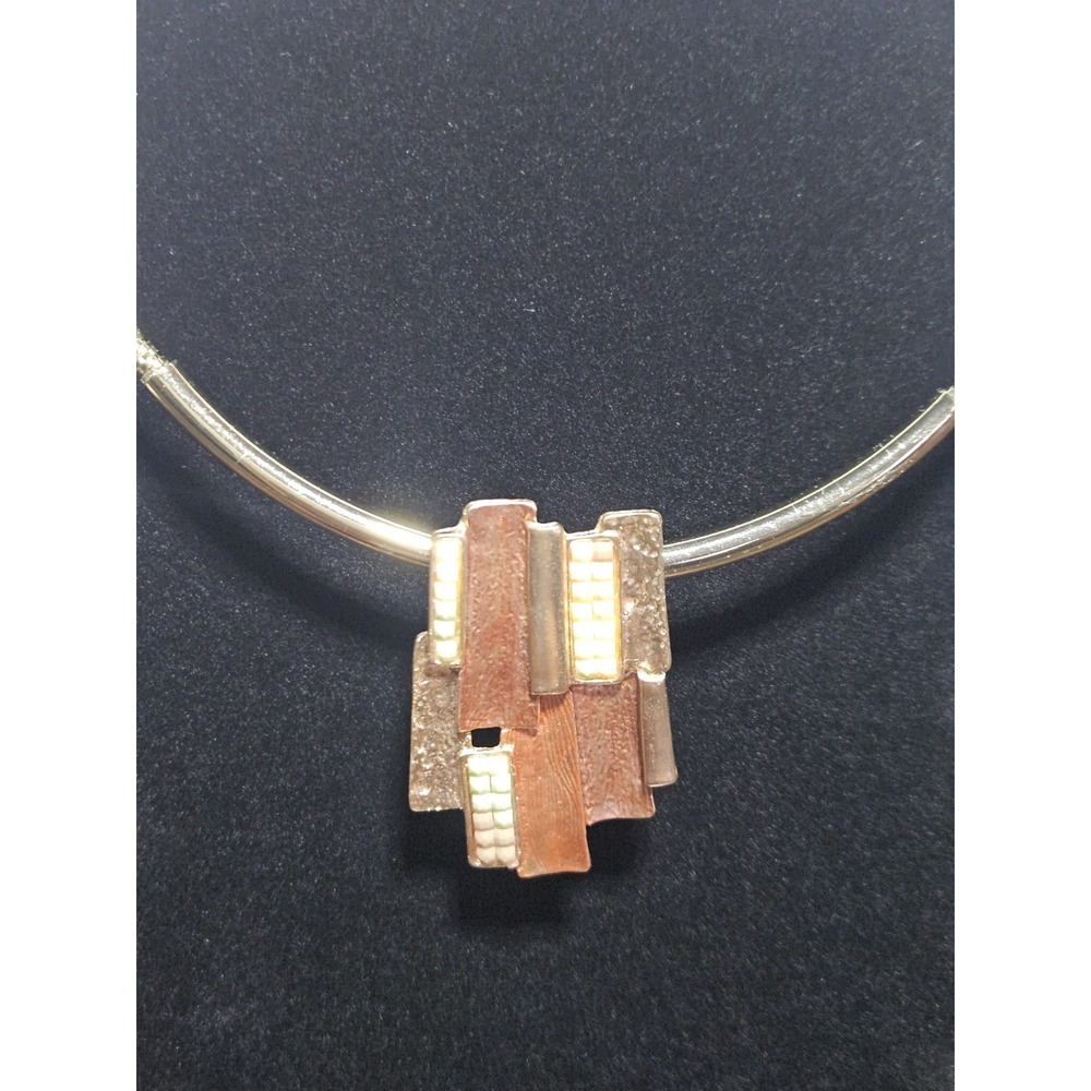 Vintage Gold Tone Rigid Omega Collar Necklace Abstract Geometric Pendant - Picture 2 of 5
